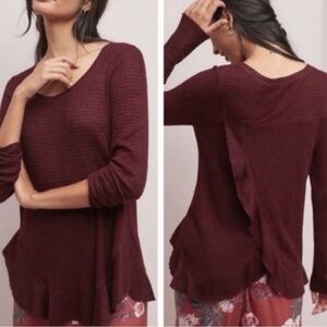 Anthropologie Saturday Sunday Ruffle Back Waffle Knit Long Sleeve Top Maroon